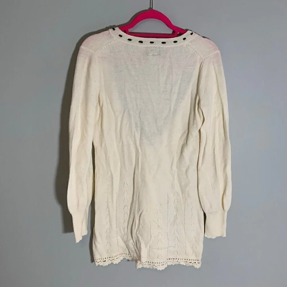 Free People Cream Embroidered Pointelle Crochet‎ Trim V-Neck Sweater Medium